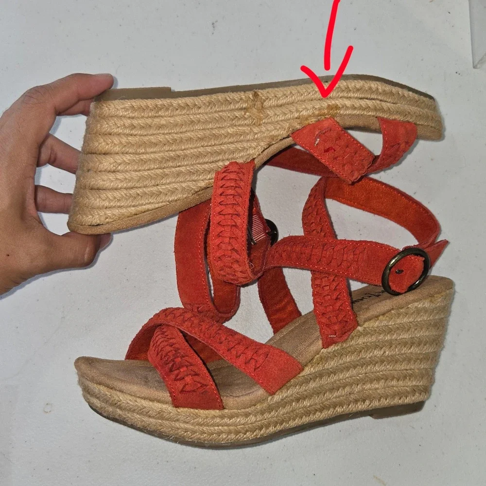 Minnetonka Red Suede Braided Espadrille Wedge Sandals Womens Size 7 Strappy Boho